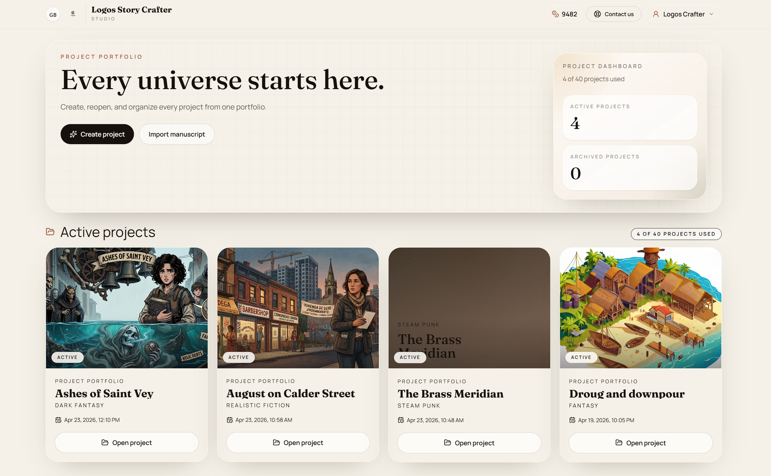 Logos Story Crafter project dashboard with active project portfolio